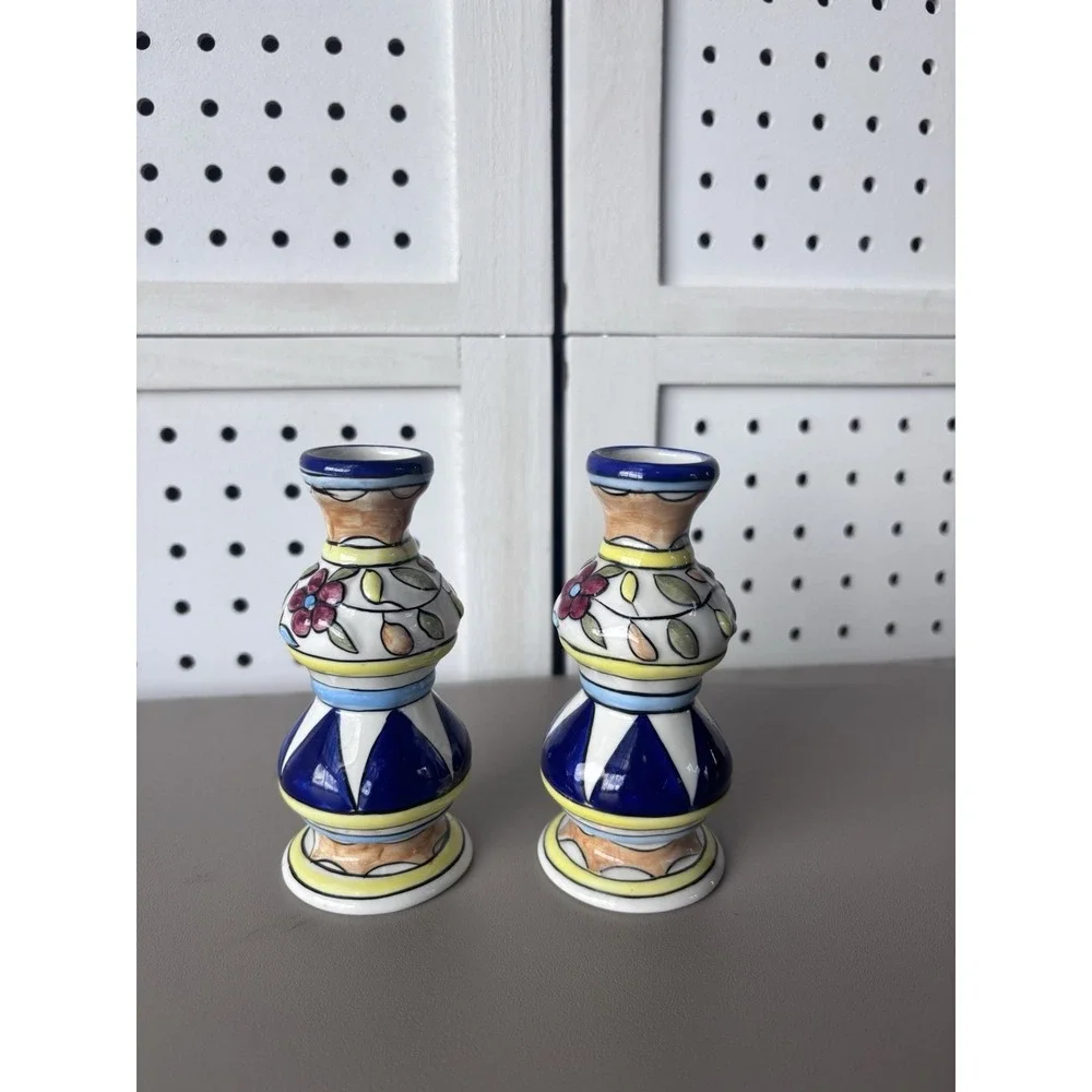Set/2 Aviv Judaica Shabbat Candlesticks Hand Painted‎ Ceremic 4.5